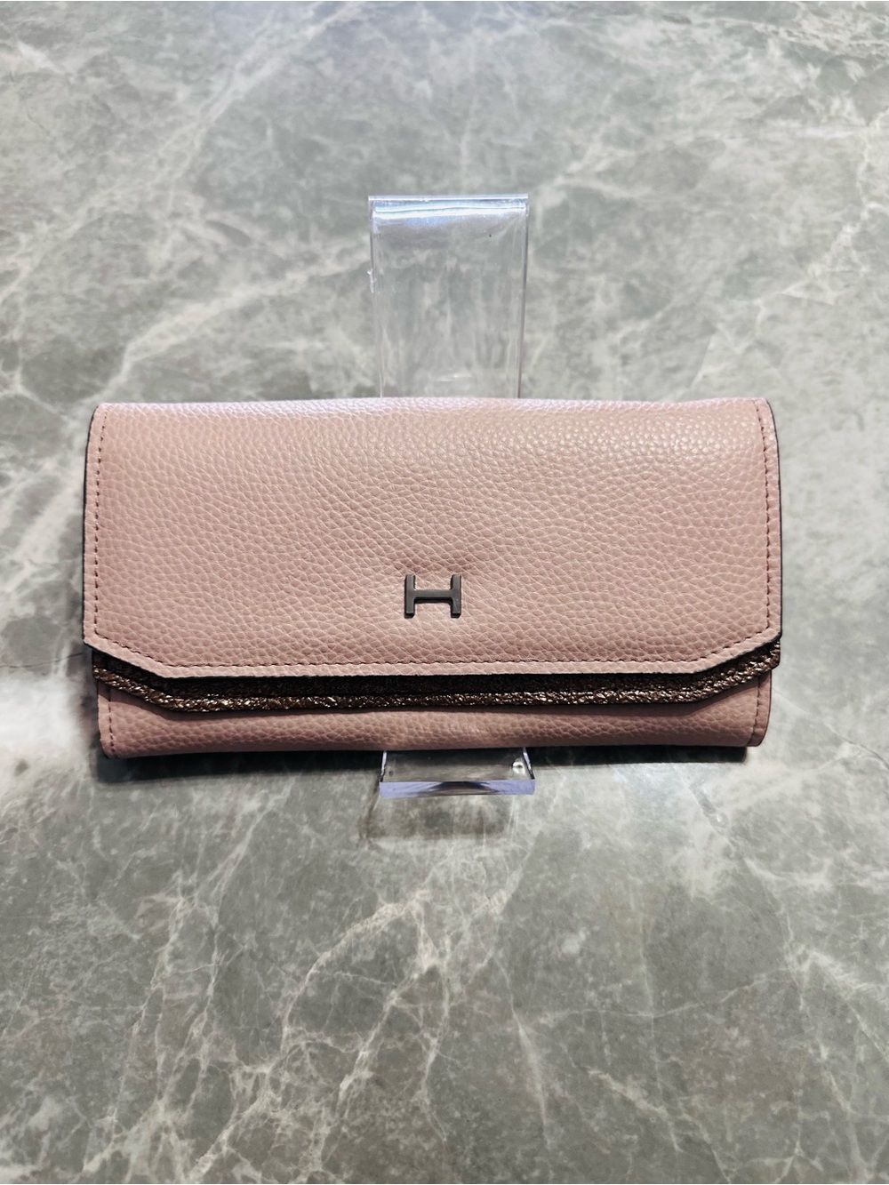HALSTON Blush Powder Pink Leather Wallet 7.5"x4" 12 Card, Coin Zip, Bill Pocket